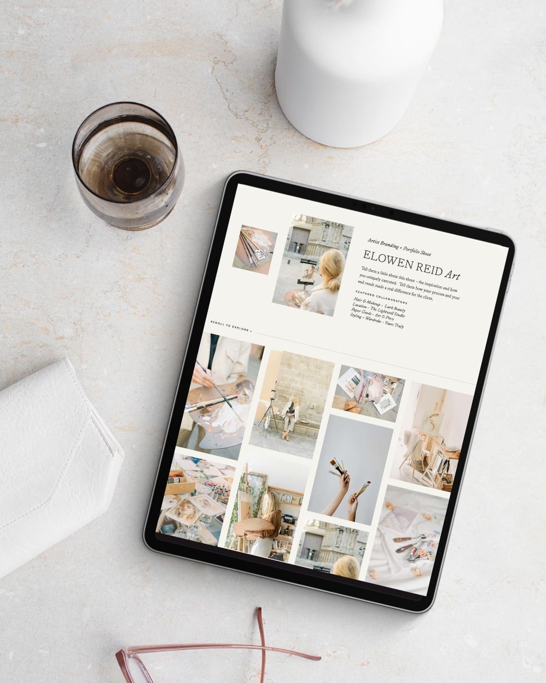 Photographer customizing a Showit website template with tips for what to know before buying a Showit template.
